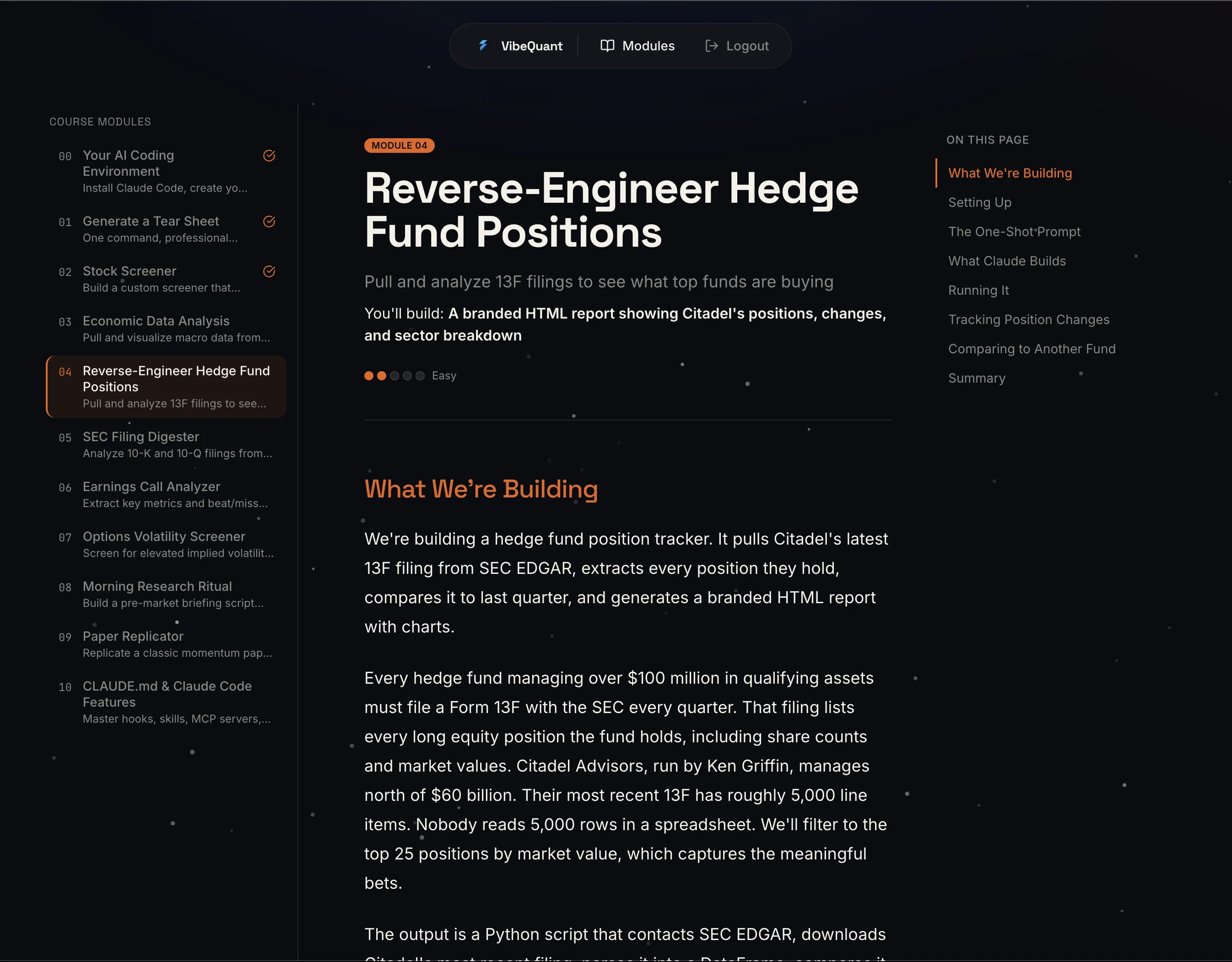 Course modules preview — build quant tools like tear sheets, stock screeners, hedge fund analysis, and more